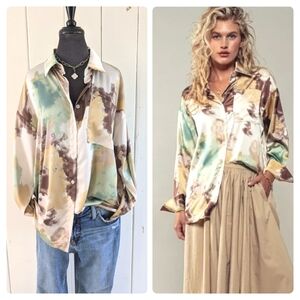 Watercolor Silky Button-Up Shirt NWT sz L